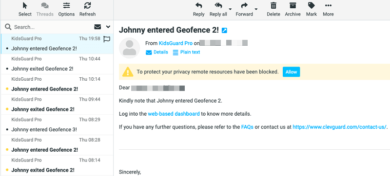 notification par e-mail de géorepérage sur KGP