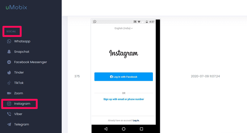 page de connexion instagram dans umobix